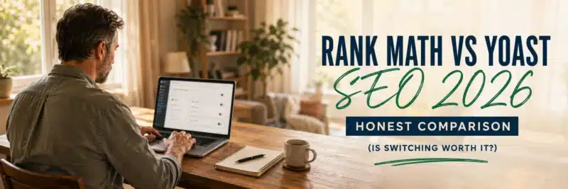 Comparing Rank Math vs Yoast SEO plugins on a laptop at a home desk