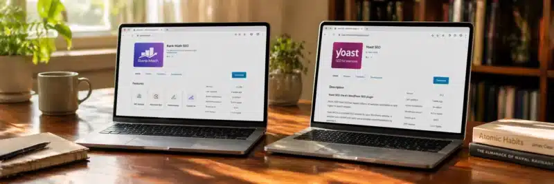 Laptop on a warm walnut home office desk displaying the Rank Math plugin page with the Yoast SEO browser tab visible for a direct Rank Math vs Yoast comparison
