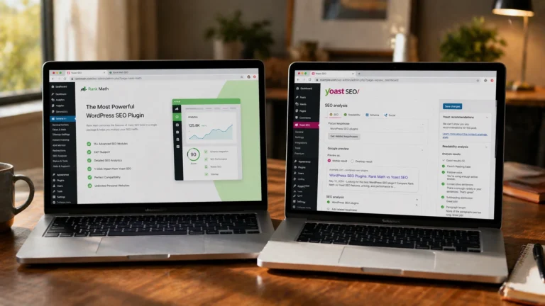 Laptop on a warm walnut home office desk displaying the Rank Math plugin page with the Yoast SEO tab visible in the browser as part of a Rank Math vs Yoast comparison