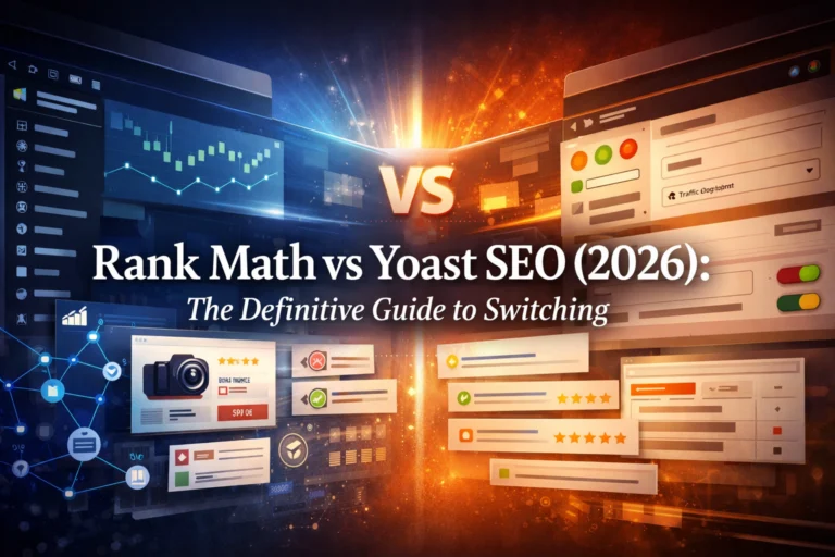 Rank Math vs Yoast SEO 2026 comparison image showing WordPress plugin features, schema, analytics, and switching decision workflow