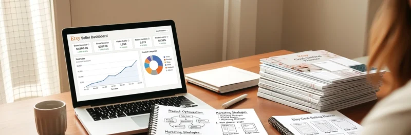 A seller reviewing analytics and planning how to scale their printables business at a desk with a laptop