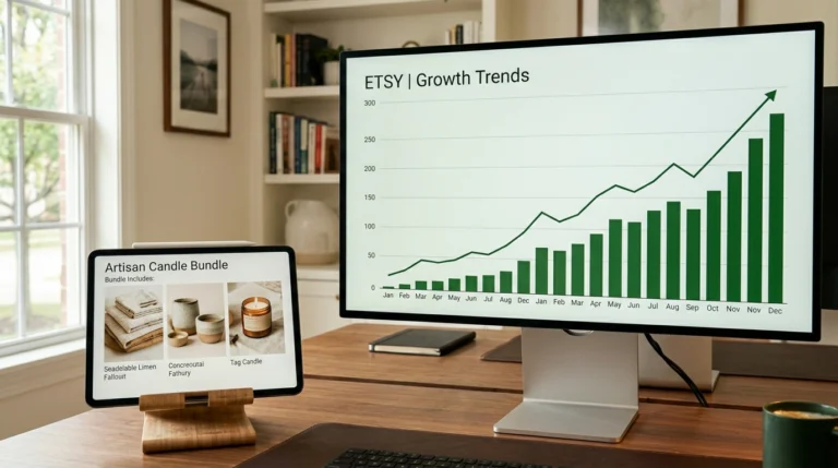 A seller reviewing analytics and planning how to scale their printables business at a desk with a laptop
