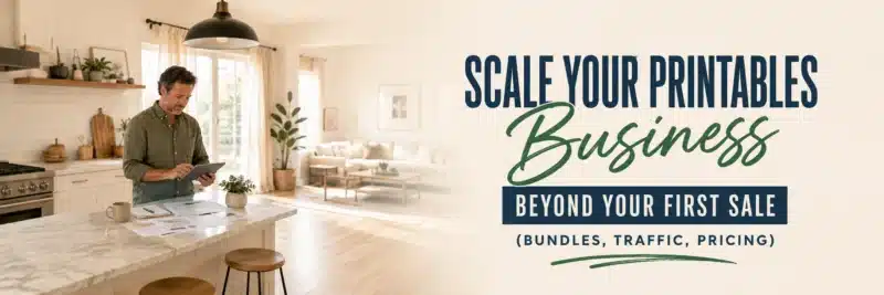 Man planning how to scale his printables business at a kitchen counter