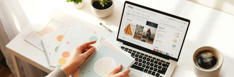 A beginner setting up their Etsy shop to sell printables on Etsy with printed samples and a laptop