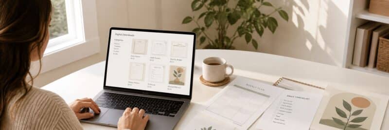Beginner learning how to sell printables online at a clean home desk with a laptop and printed product samples