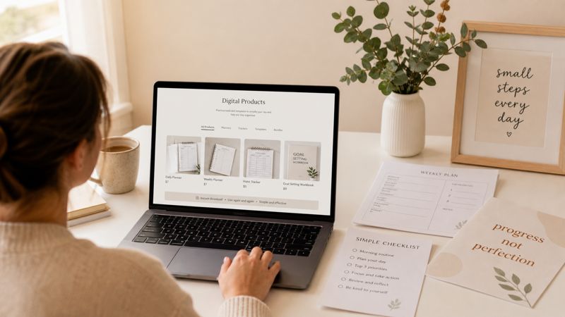 Beginner learning how to sell printables online at a clean home desk with a laptop and printed product samples