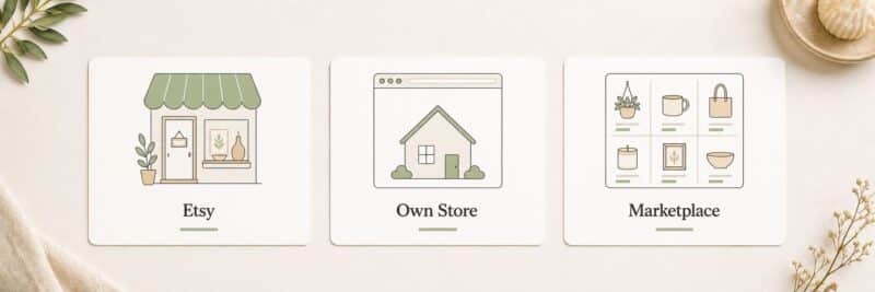 Three illustrated platform options for selling printables online — Etsy, own store, and marketplace — on a clean white surface