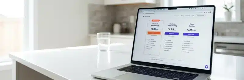 Laptop on a bright white kitchen island displaying the Hostinger hosting plan comparison page with Premium Business and Cloud Startup plans visible for starting a blog on Hostinger