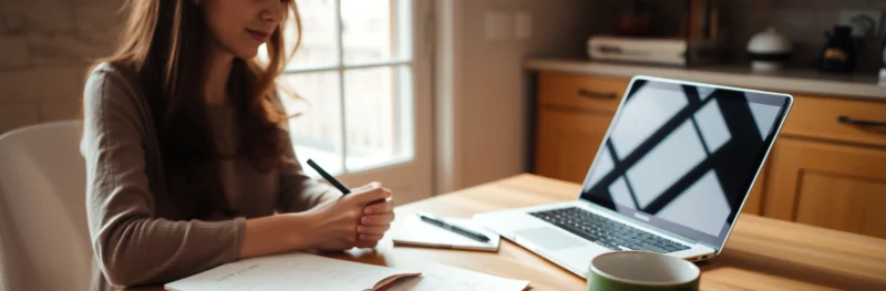 A beginner planning their approach to starting an Etsy printables shop at a kitchen table with a notebook and laptop