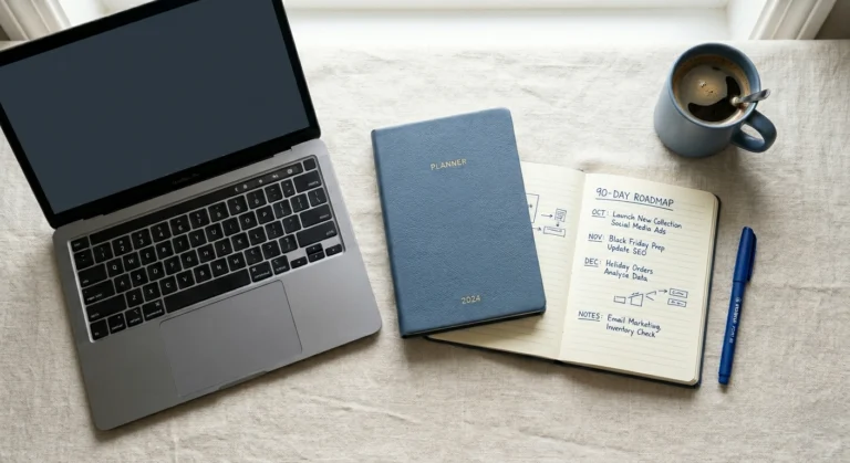 A strategic desktop setup with a laptop and roadmap, showing a plan for starting an Etsy printables shop.