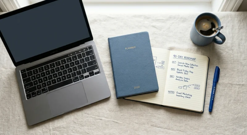 A strategic desktop setup with a laptop and roadmap, showing a plan for starting an Etsy printables shop.