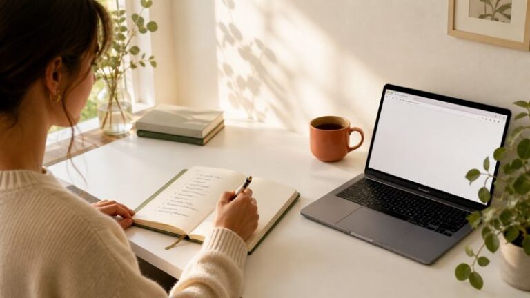 Person planning their Etsy printables shop at a clean home desk with a notebook and open laptop