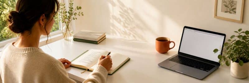 Person starting an Etsy printables shop planning their business at a clean home desk with a notebook and open laptop.