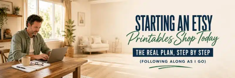 Man planning his real Etsy printables shop at a home desk