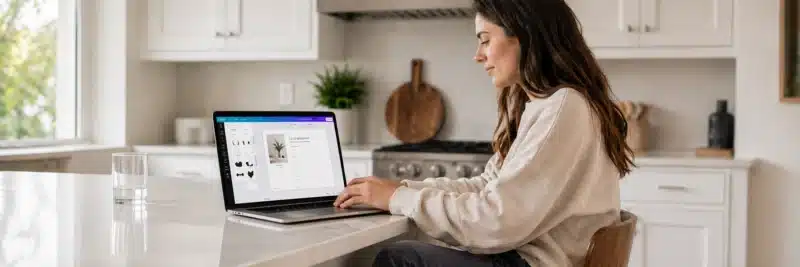 Woman in casual clothes at a bright white kitchen island with laptop showing the Canva editor with a lead magnet worksheet template being designed as part of a guide to tools to create lead magnets