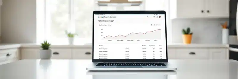 Laptop on a bright white kitchen island displaying the Google Search Console performance report with long-tail keyword phrases showing early traffic growth as part of a guide to what to blog about first