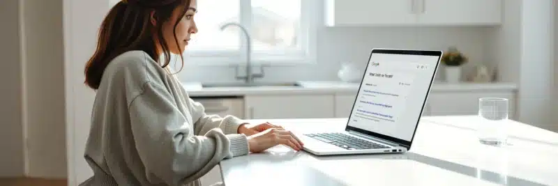 Woman in casual home working clothes sitting at a bright white kitchen island researching what to write for your first blog post using Google search results with People Also Ask section visible