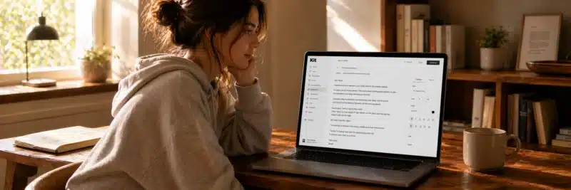 Woman in casual home working clothes at a warm walnut home office desk with laptop showing a personal behind the scenes newsletter email being written in Kit as an example of what to write in your newsletter