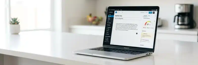 Laptop on a bright white kitchen island displaying the WordPress Gutenberg block editor with a first blog post being written after completing WordPress blog Hostinger setup