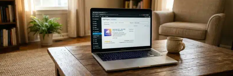 Laptop on a warm living room coffee table displaying the WordPress add new plugin page with the Rank Math SEO plugin ready to install as part of a guide to essential WordPress plugins for bloggers