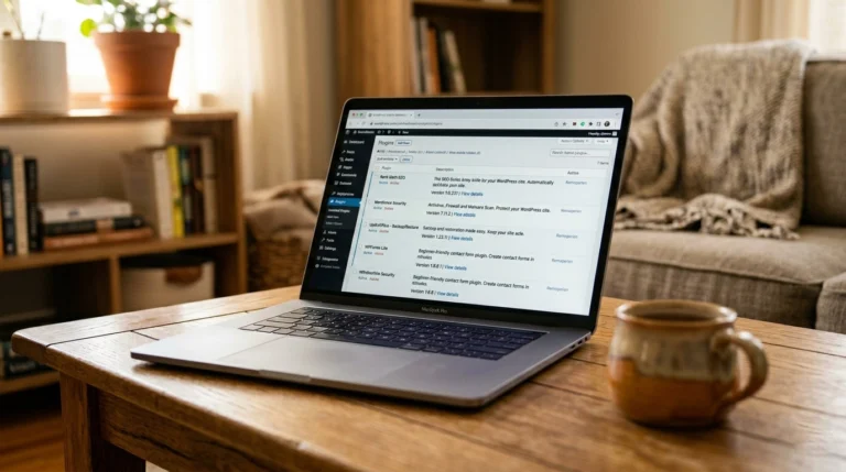Laptop on a warm living room coffee table displaying the WordPress installed plugins page with essential plugins including Rank Math and Wordfence active as part of a guide to WordPress plugins for bloggers