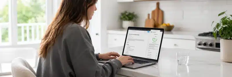 Woman in casual clothes at a bright white kitchen island with laptop showing the Rank Math SEO plugin panel with multiple focus keywords entered illustrating the Yoast vs Rank Math free version difference