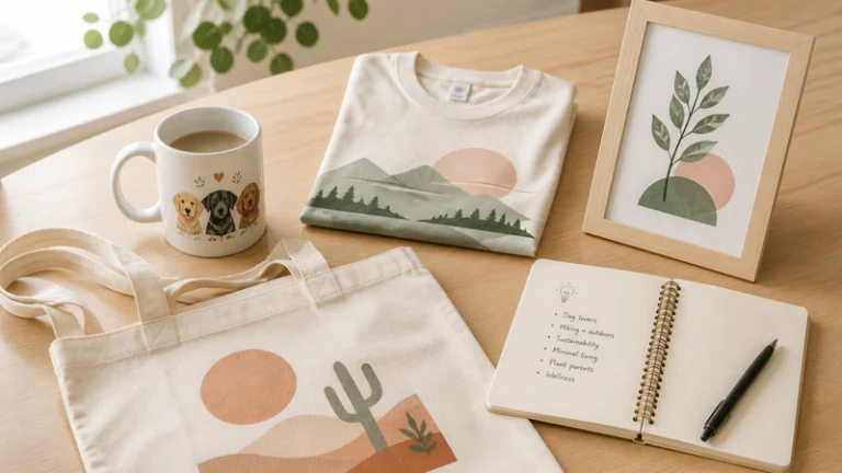 Best print on demand niches in 2026 showing a variety of niche products including a dog breed mug, typographic t-shirt, botanical print and tote bag on a light wood desk