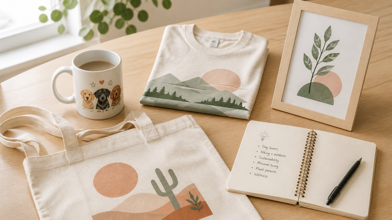 Best print on demand niches in 2026 showing a variety of niche products including a dog breed mug, typographic t-shirt, botanical print and tote bag on a light wood desk