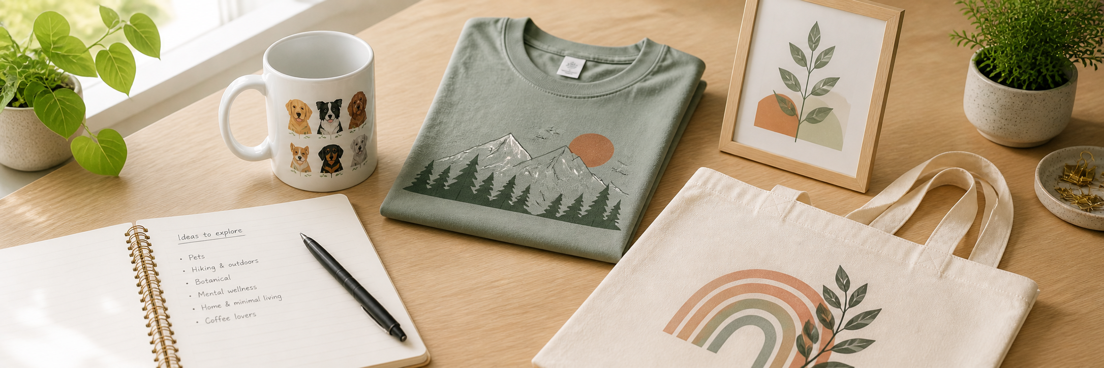 Best print on demand niches in 2026 showing a variety of niche products including a dog breed mug, typographic t-shirt, botanical print and tote bag on a light wood desk