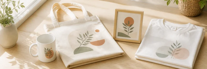 Best print on demand products to sell including a mug, tote bag, art print, and t-shirt arranged on a light wood desk