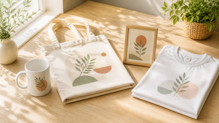 Best print on demand products to sell including a mug, tote bag, art print, and t-shirt arranged on a light wood desk