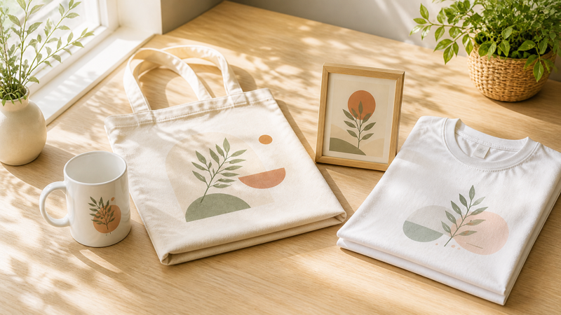Best print on demand products to sell including a mug, tote bag, art print, and t-shirt arranged on a light wood desk