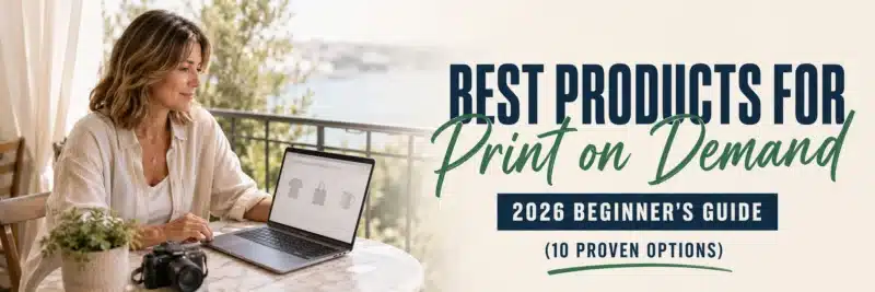 Woman reviewing best print on demand products to sell on a laptop