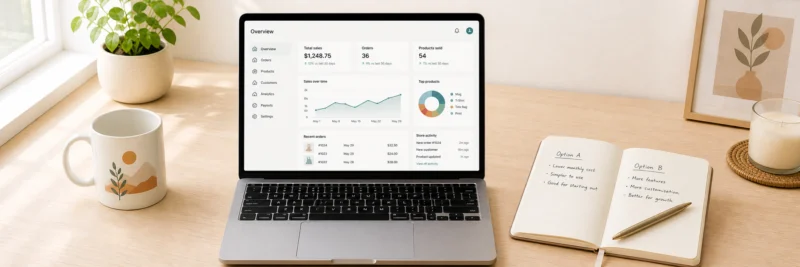 Best print on demand sites comparison showing a laptop with a platform dashboard beside handwritten comparison notes and a printed mug on a light wood desk