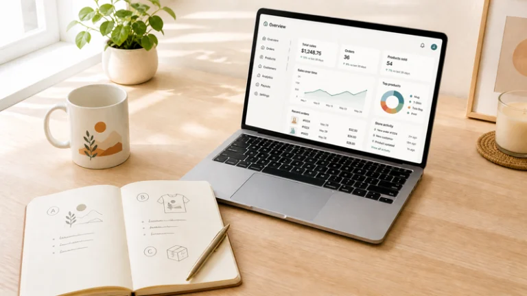 Best print on demand sites comparison showing a laptop with a platform dashboard beside handwritten comparison notes and a printed mug on a light wood desk
