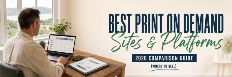 Man comparing best print on demand sites and platforms on a laptop