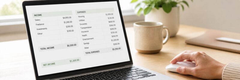Bookkeeper working on financial records from home on a laptop