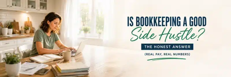 Woman considering a bookkeeping side hustle at her kitchen table