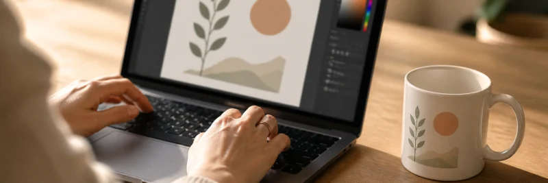 Person creating print on demand designs in Canva on a laptop with a finished printed mug beside them showing the design creation process