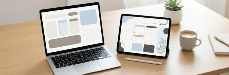 Tablet and laptop showing digital templates and planner layouts, examples of digital products to sell online