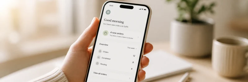 Person holding a phone showing early Etsy print on demand sales notifications and order confirmations