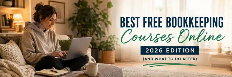 Woman taking a free bookkeeping course online from her sofa