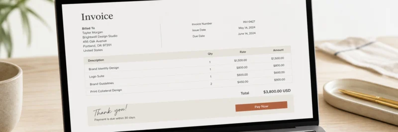 FreshBooks invoicing — clean professional invoice on a laptop screen