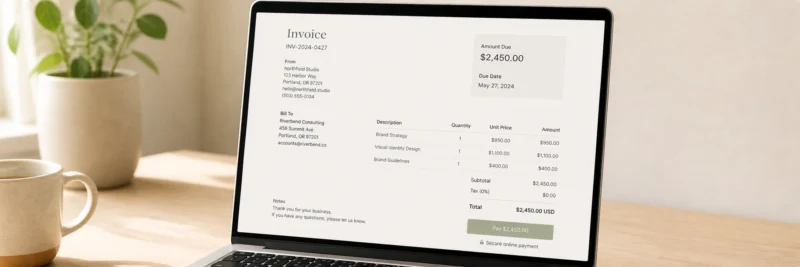 FreshBooks invoicing for freelancers and small service businesses — clean invoice on laptop screen