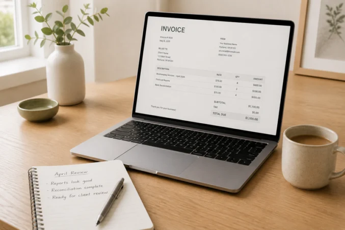 FreshBooks review — laptop showing a clean invoice on a home office desk