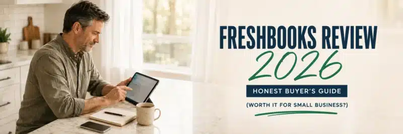 Man reading a FreshBooks review on a tablet at a kitchen counter