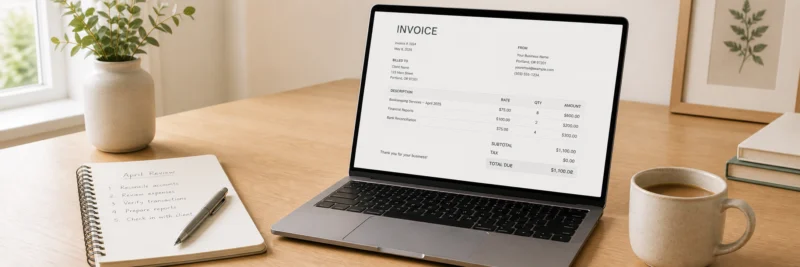 FreshBooks review — laptop showing a clean invoice on a home office desk