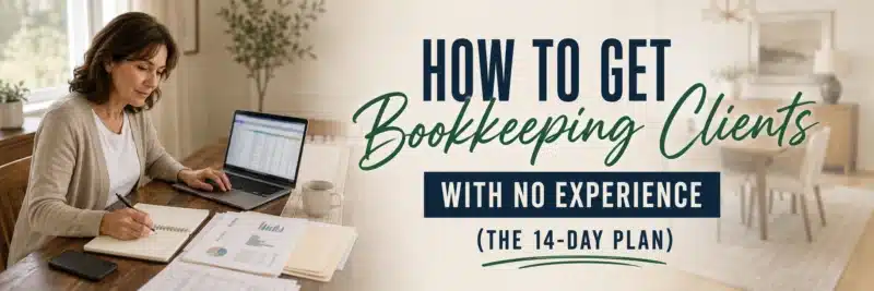 A woman in her forties reviewing spreadsheets at a dining table, showing how to get bookkeeping clients with no experience in 2026