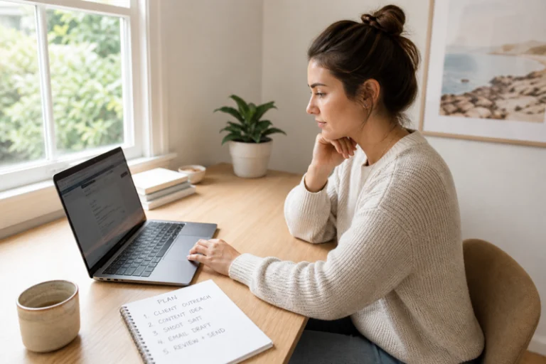 How to get bookkeeping clients with no experience — person at home desk with laptop and notepad