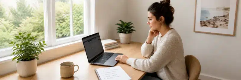 How to get bookkeeping clients with no experience — person at home desk with laptop and notepad
